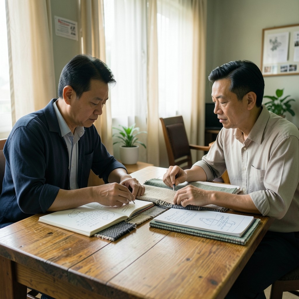 Two advisors reviewing seasonal home goods samples at a wooden table in soft natural light