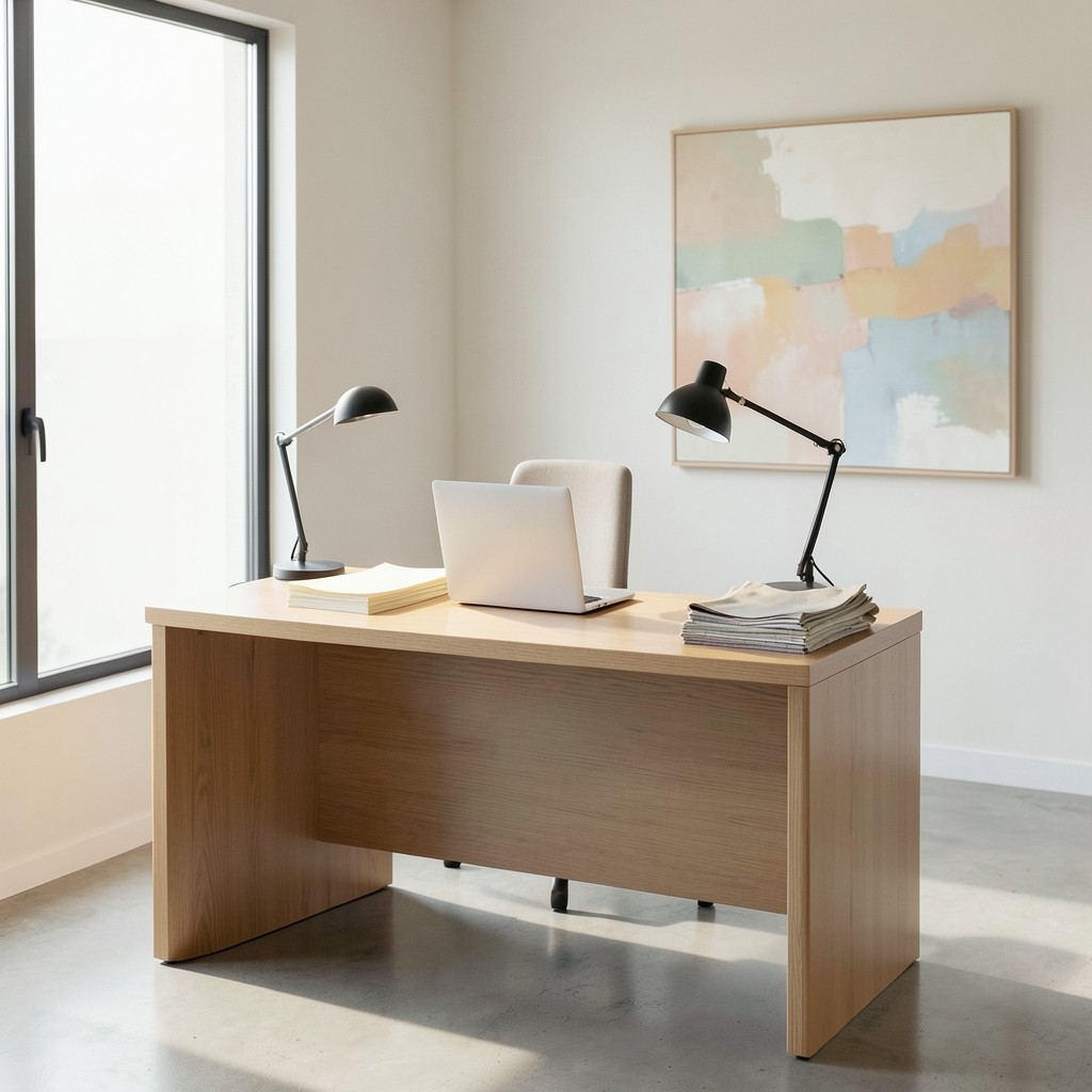 Quiet consulting desk near a window with home textile samples nearby