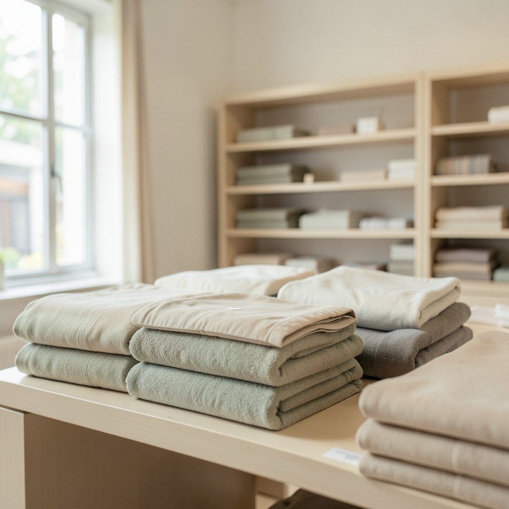 Folded seasonal bed linens and towels arranged on a calm retail shelf in soft daylight